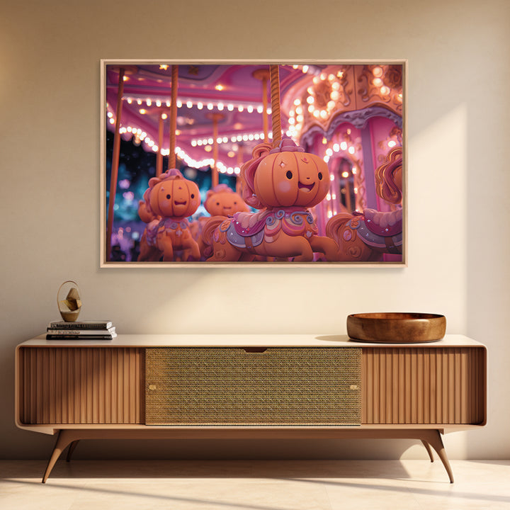 The Pumpkin Carousel, Vaporwave Halloween Art, Landscape Wall Art, Framed Canvas Print, Cute Halloween Wall Art