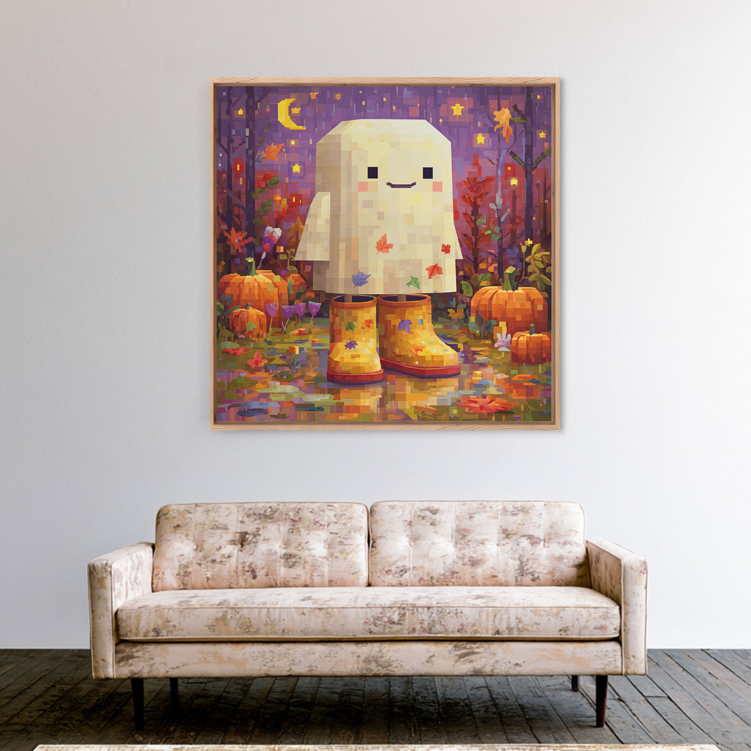 The Ghost In Rain Boots, Pixel Halloween Art, Square Wall Art, Canvas Print, Cute Halloween Wall Art
