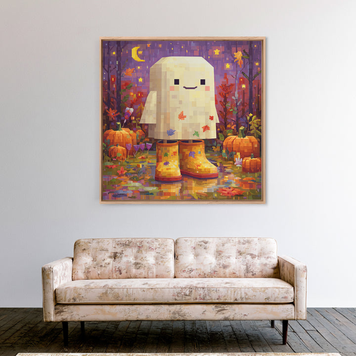 The Ghost In Rain Boots, Pixel Halloween Art, Square Wall Art, Canvas Print, Cute Halloween Wall Art