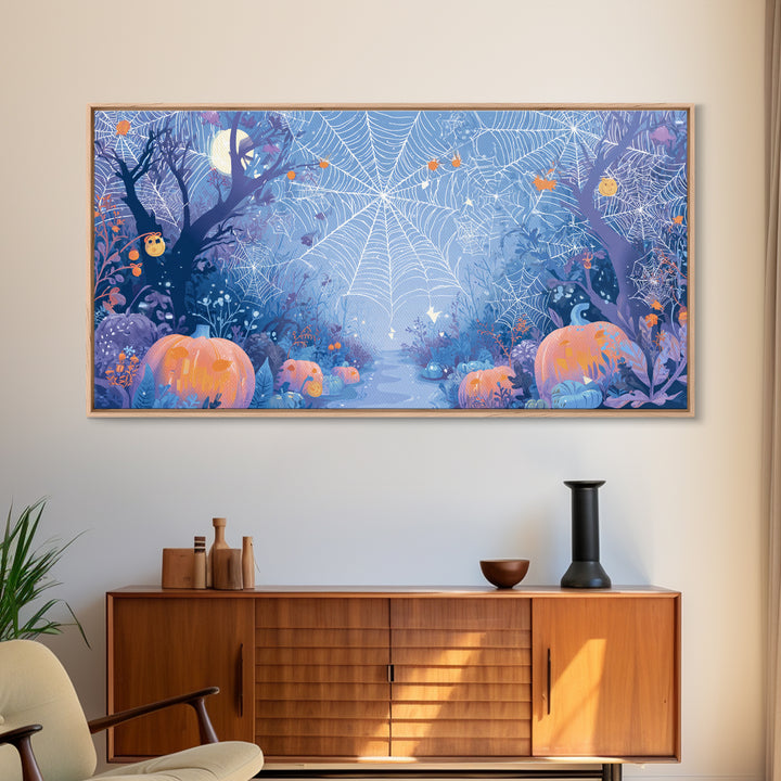 The Great Cobweb Knitting Contest, Vector Halloween Art, Wide Panoramic Art, Framed Canvas Print, Cute Halloween Wall Art