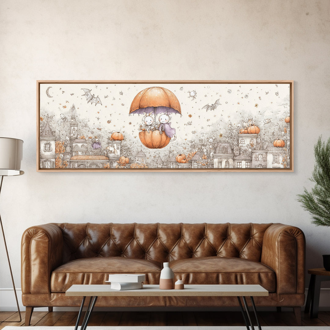 The Enchanted Umbrella Adventure, Hand Sketch Halloween Art, Extra Wide Wall Art, Canvas Print, Cute Halloween Wall Art