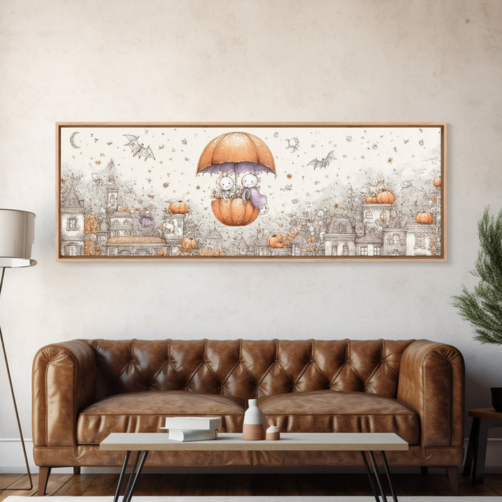 The Enchanted Umbrella Adventure, Hand Sketch Halloween Art, Extra Wide Wall Art, Canvas Print, Cute Halloween Wall Art