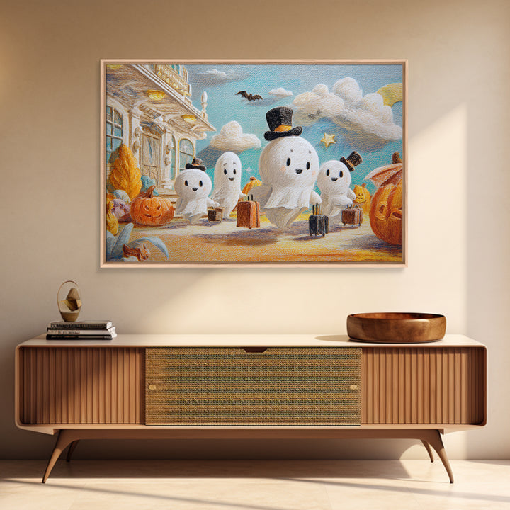 The Friendly Ghost Hotel, Crayon Halloween Art, Landscape Wall Art, Framed Canvas Print, Cute Halloween Wall Art