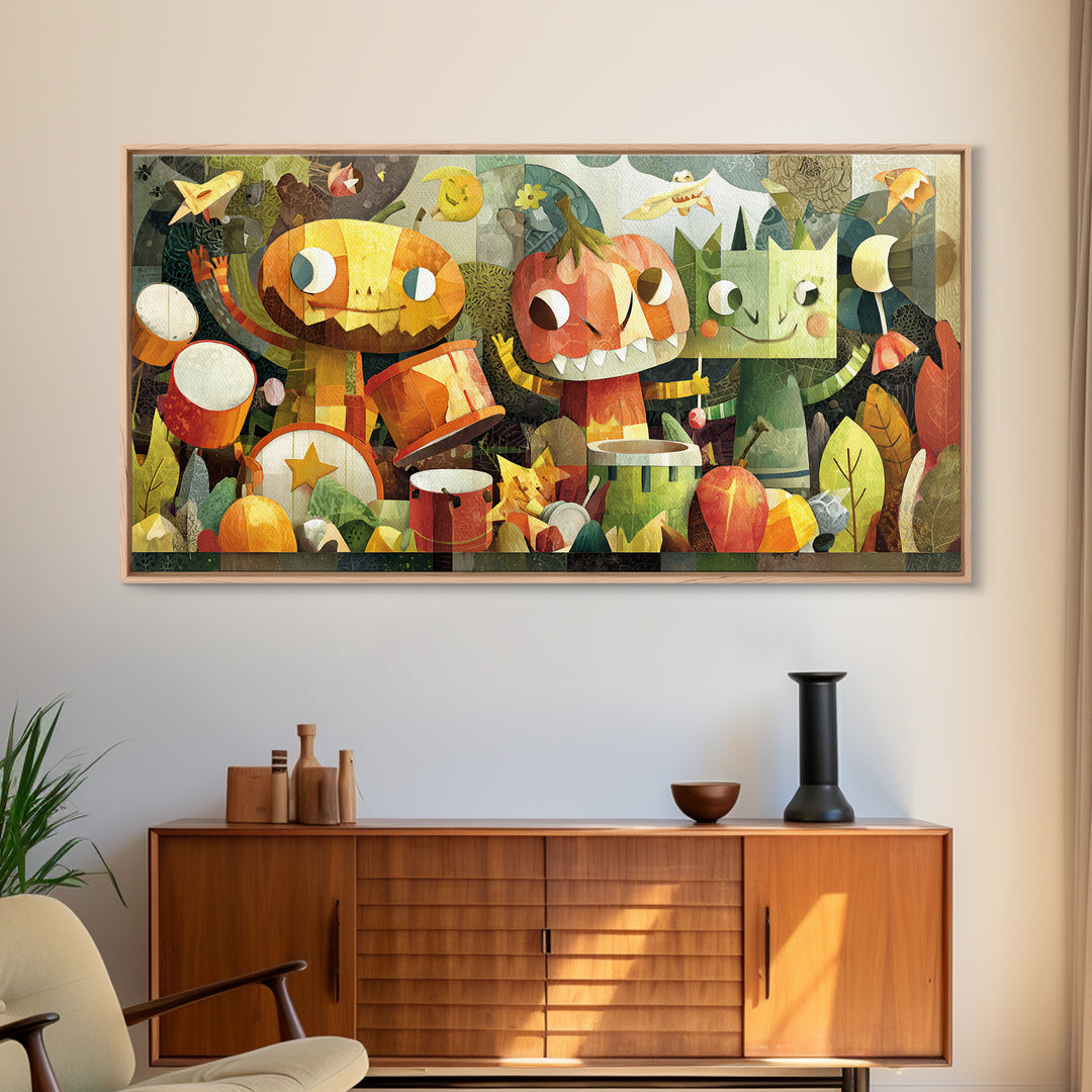 The Little Monster Orchestra, Paper Collage Halloween, Wide Panoramic Art, Framed Canvas Print, Cute Halloween Wall Art