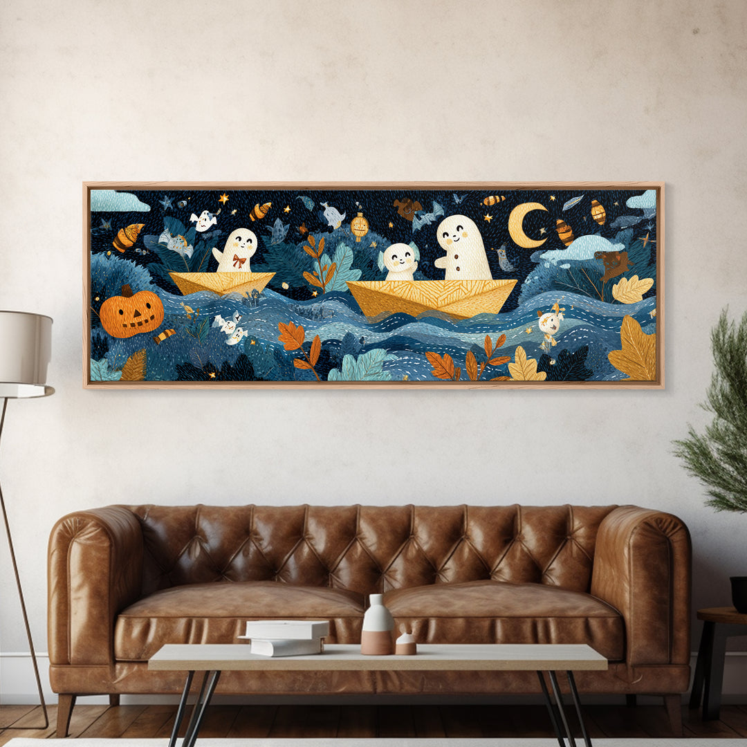 The Golden Leaf River, Felt Halloween Art, Extra Wide Wall Art, Canvas Print, Cute Halloween Wall Art, Storybook Decor