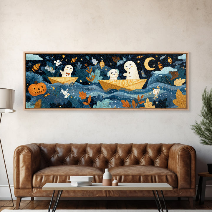 The Golden Leaf River, Felt Halloween Art, Extra Wide Wall Art, Canvas Print, Cute Halloween Wall Art, Storybook Decor