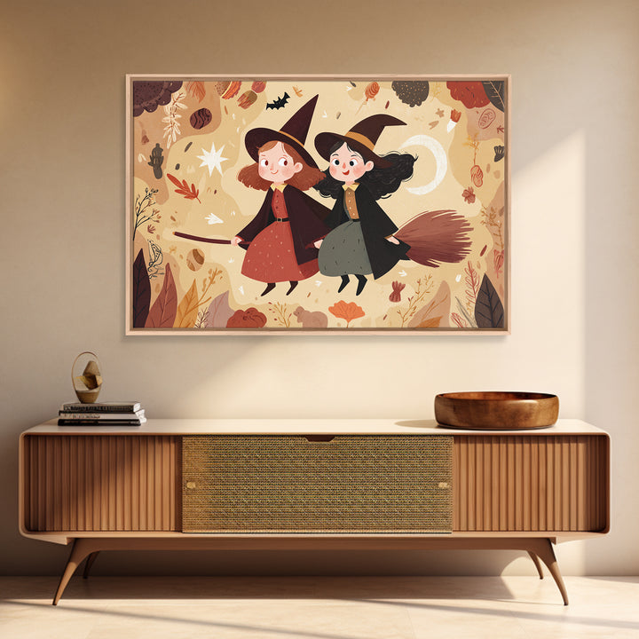 The Twin Broomstick Witches, Kawaii Halloween Art, Landscape Wall Art, Framed Canvas Print, Cute Halloween Wall Art