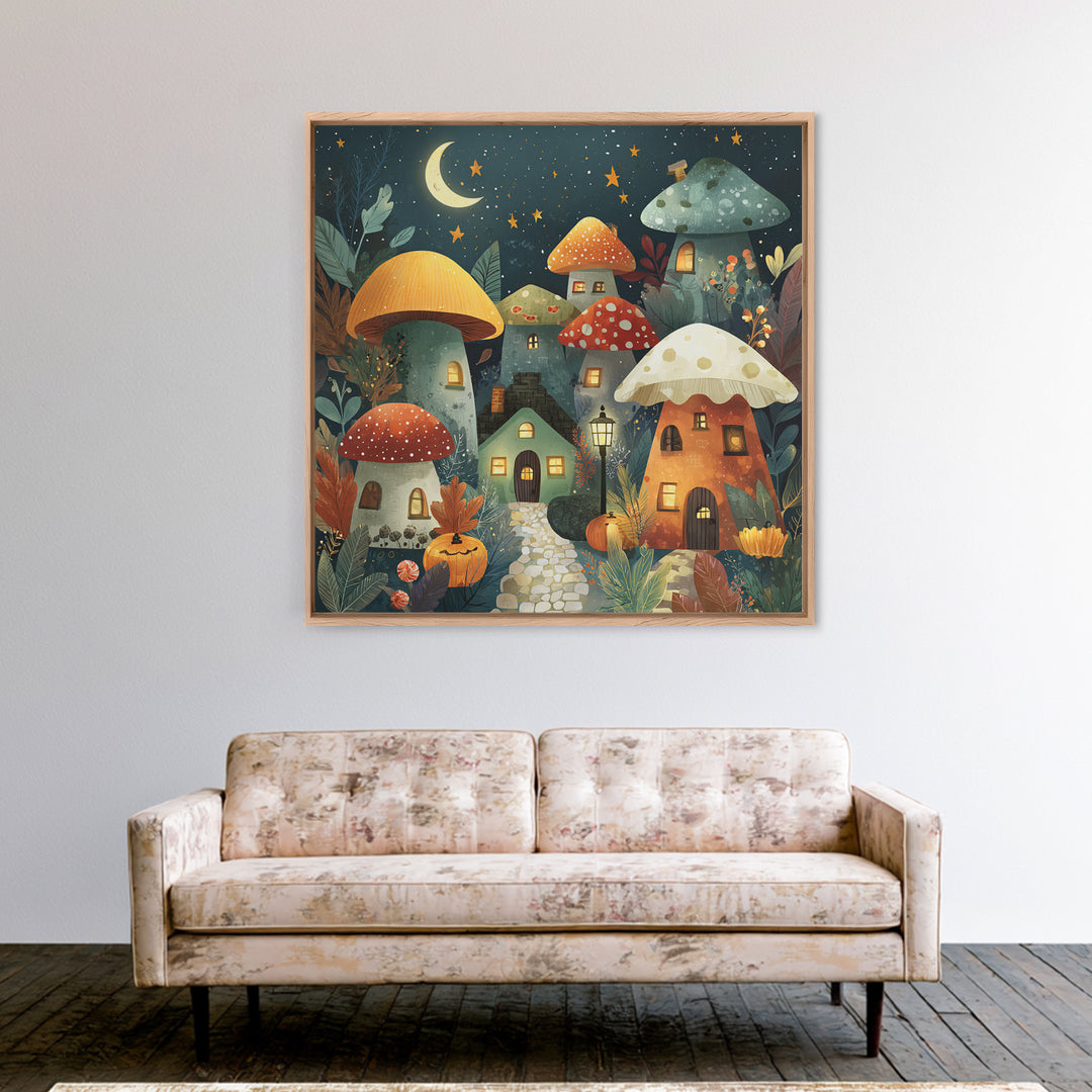 The Lantern-Lit Mushroom Village, Retro Halloween Art, Square Wall Art, Canvas Print, Cute Halloween Wall Art