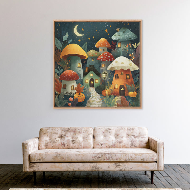 The Lantern-Lit Mushroom Village, Retro Halloween Art, Square Wall Art, Canvas Print, Cute Halloween Wall Art