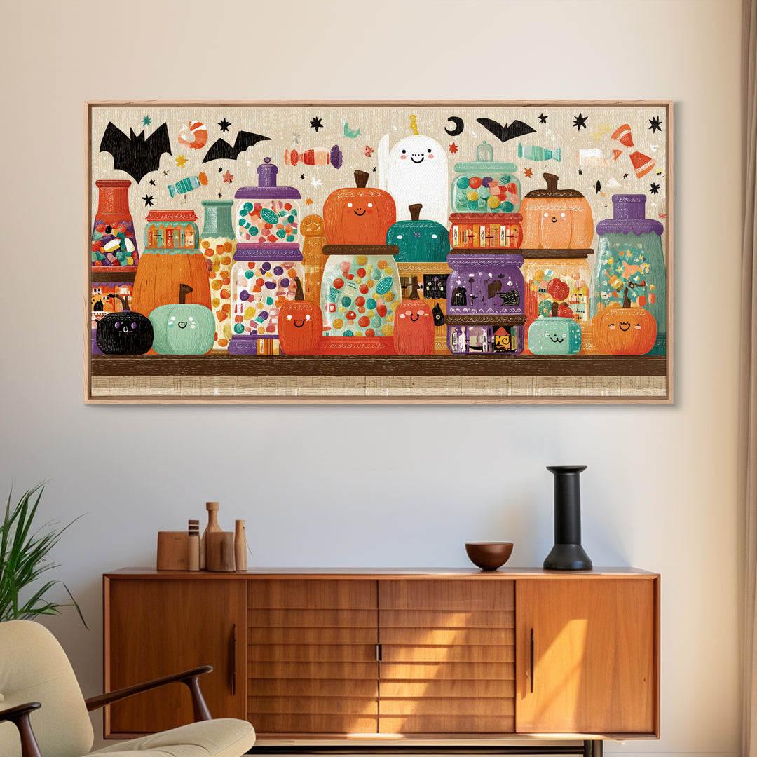 The Jellybean Potion Shop, Screenprint Halloween Art, Wide Panoramic Art, Framed Canvas Print, Cute Halloween Wall Art