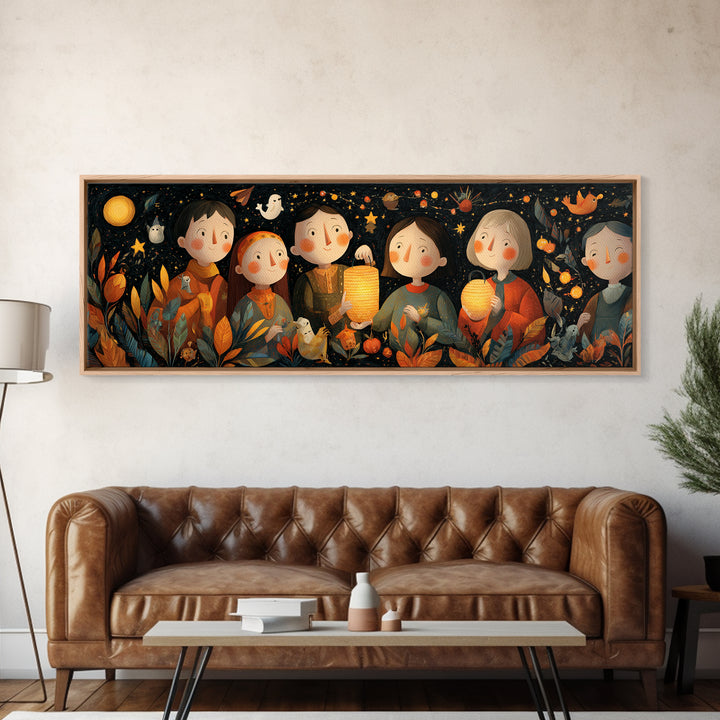 The Lantern-Making Festival, Folk Halloween Art, Extra Wide Wall Art, Canvas Print, Cute Halloween Wall Art