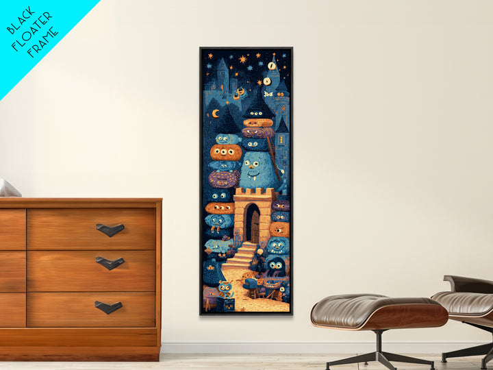 The Great Monster Pajama Party, Linocut Halloween Art, Tall Narrow Wall Art, Framed Canvas Print, Cute Halloween Wall Art