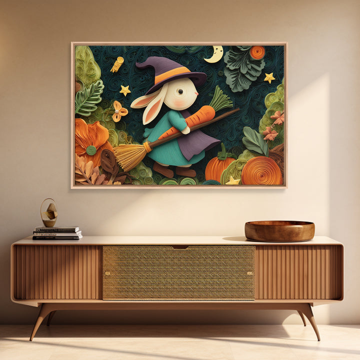The Bunny Witch, Quilled Halloween Art, Landscape Wall Art, Framed Canvas Print, Cute Halloween Wall Art