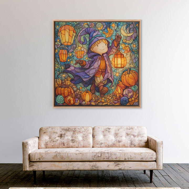 The Lantern-Light Wizard, Stained Glass Halloween, Square Wall Art, Canvas Print, Cute Halloween Wall Art