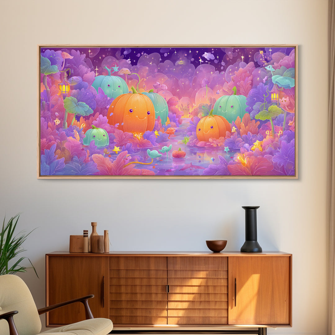 The Pumpkin Fairy Garden, Vaporwave Halloween Art, Wide Panoramic Art, Framed Canvas Print, Cute Halloween Wall Art