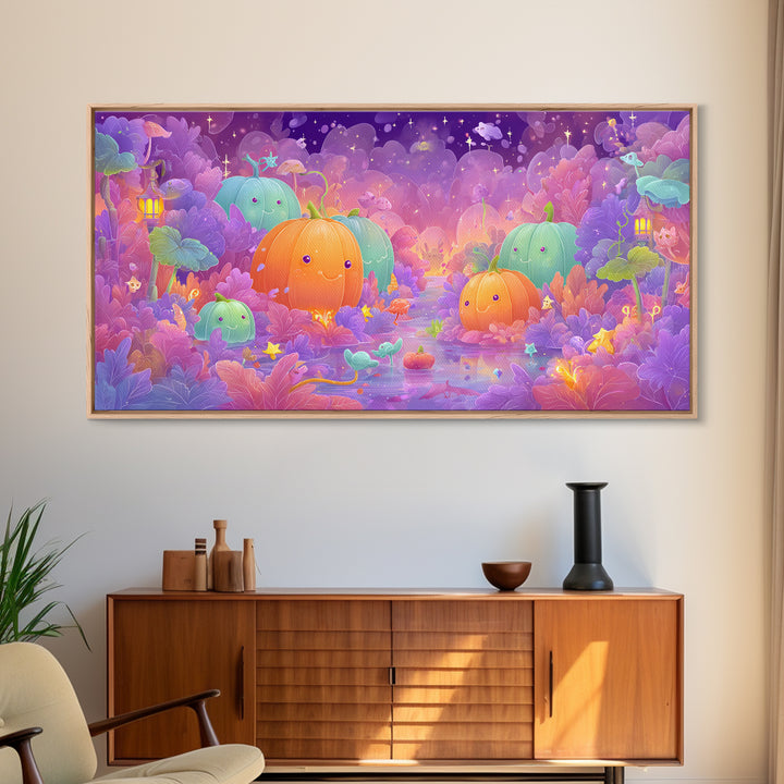 The Pumpkin Fairy Garden, Vaporwave Halloween Art, Wide Panoramic Art, Framed Canvas Print, Cute Halloween Wall Art