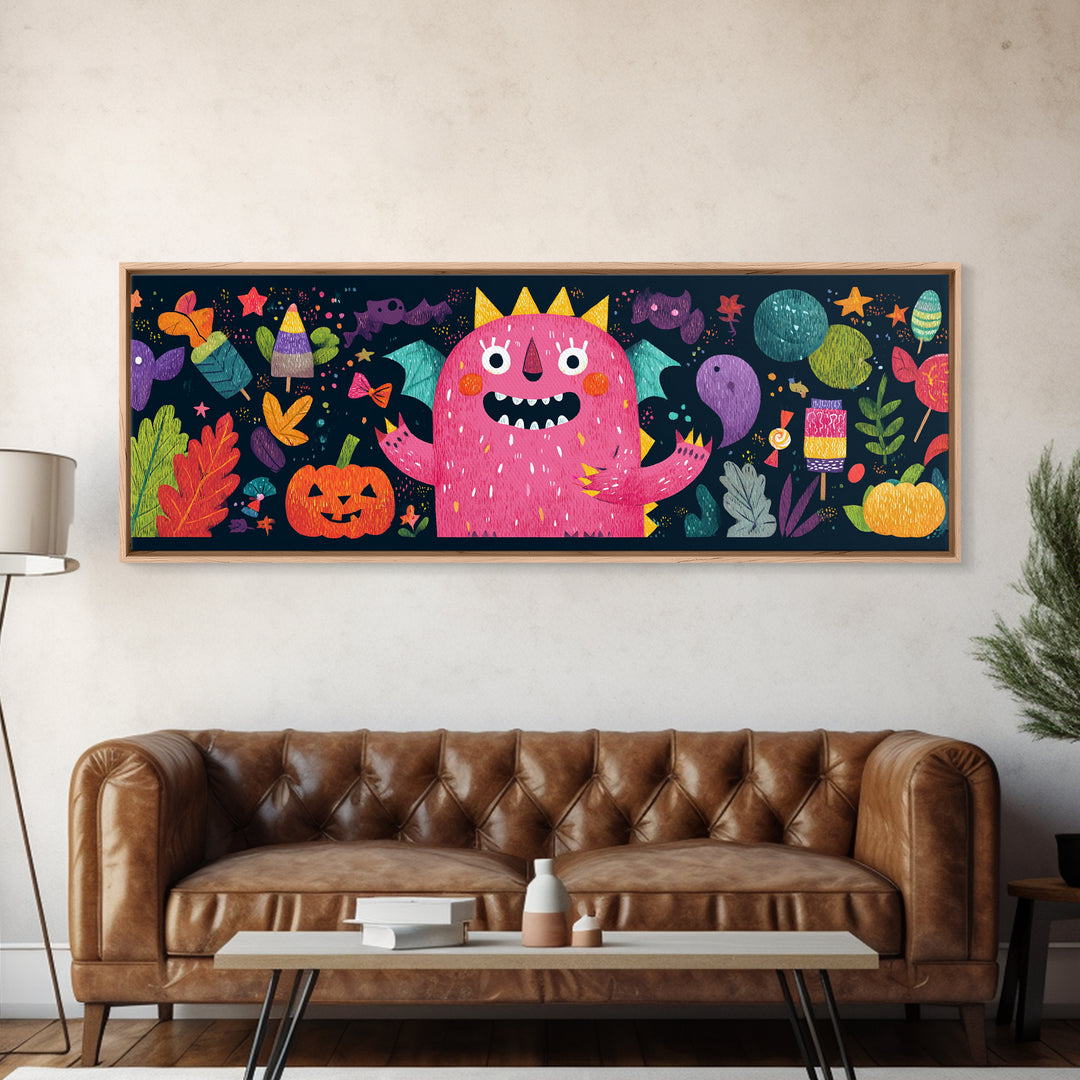 The Polka-Dot Monster, Pixel Halloween Art, Extra Wide Wall Art, Canvas Print, Cute Halloween Wall Art