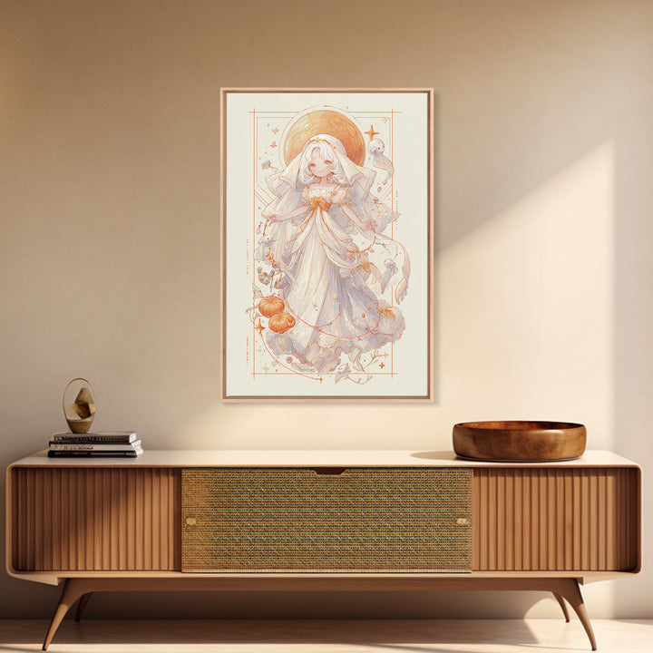 The Bride Of The Abyssal Moon, Hand Sketch Halloween Art, Vertical Wall Art, Canvas Print, Cute Halloween Wall Art