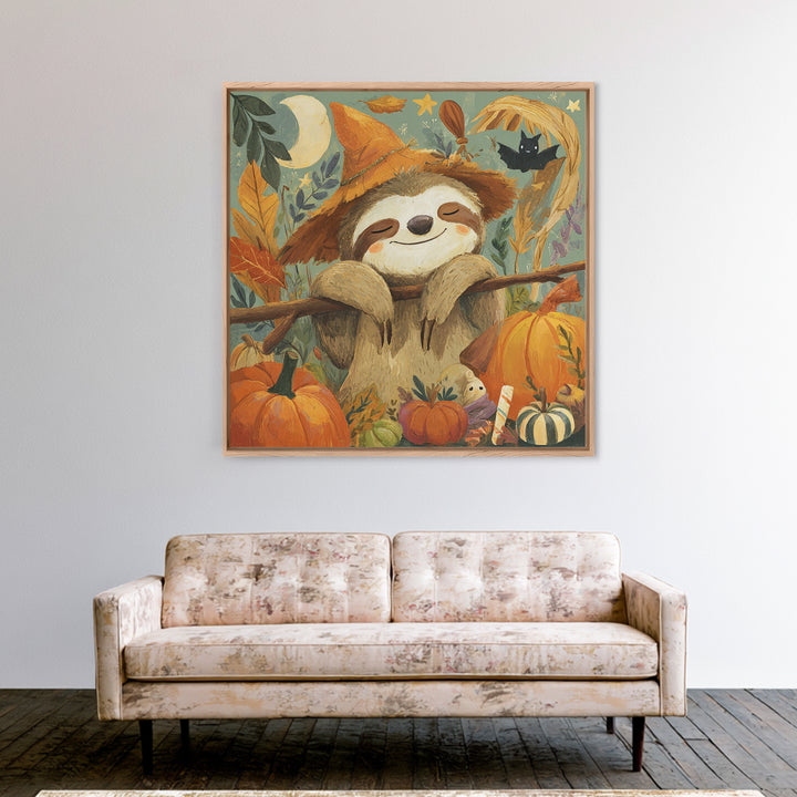 The Scarecrow Sloth, Gouache Halloween Art, Square Wall Art, Canvas Print, Cute Halloween Wall Art, Halloween Kids Decor