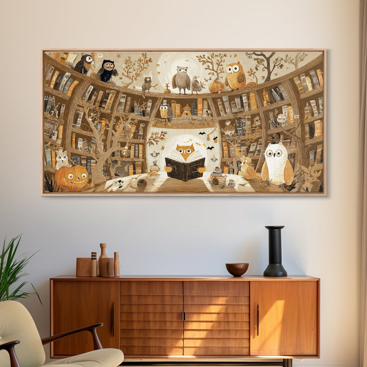 The Moonbeam Library, Crayon Halloween Art, Wide Panoramic Art, Framed Canvas Print, Cute Halloween Wall Art