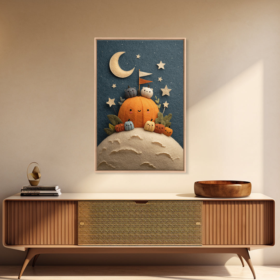 The Pumpkin Moon Expedition, Felt Halloween Art, Vertical Wall Art, Canvas Print, Cute Halloween Wall Art