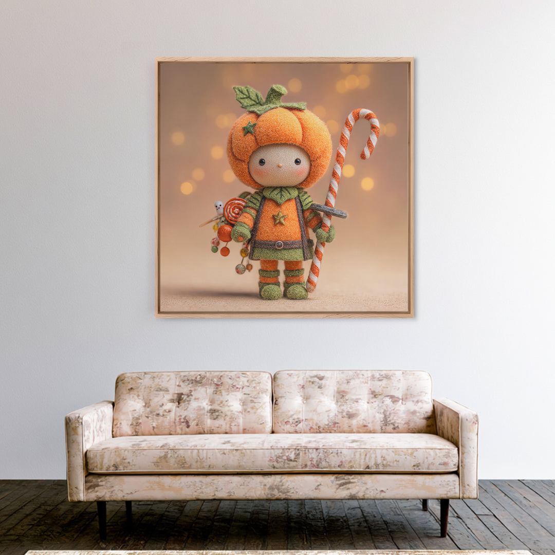 The Pumpkin Knight, Plush Halloween Art, Square Wall Art, Canvas Print, Cute Halloween Wall Art, Halloween Kids Decor, Storybook Decor