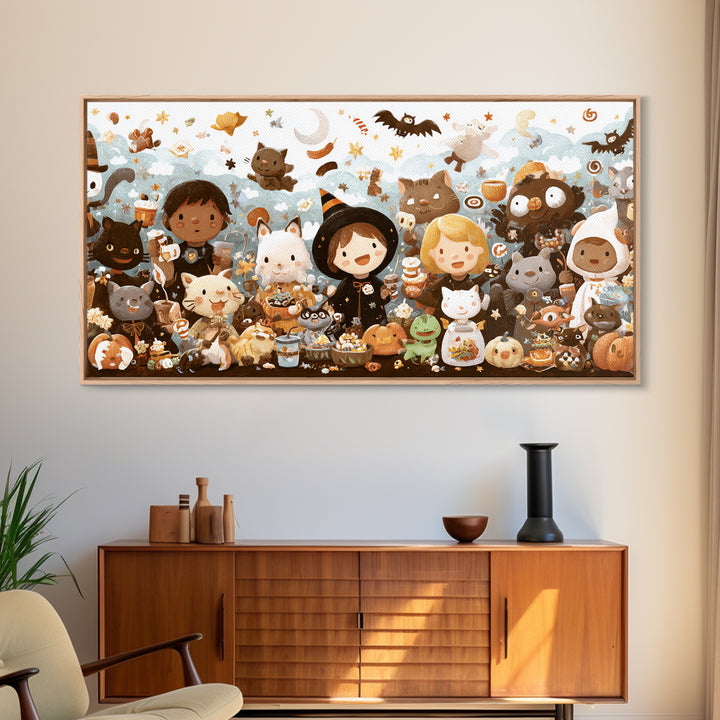 The Friendly Familiar Club, Kawaii Halloween Art, Wide Panoramic Art, Framed Canvas Print, Cute Halloween Wall Art