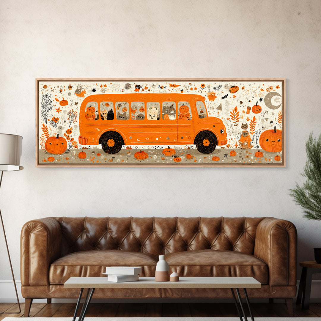 The Pumpkin School Bus, Retro Halloween Art, Extra Wide Wall Art, Canvas Print, Cute Halloween Wall Art