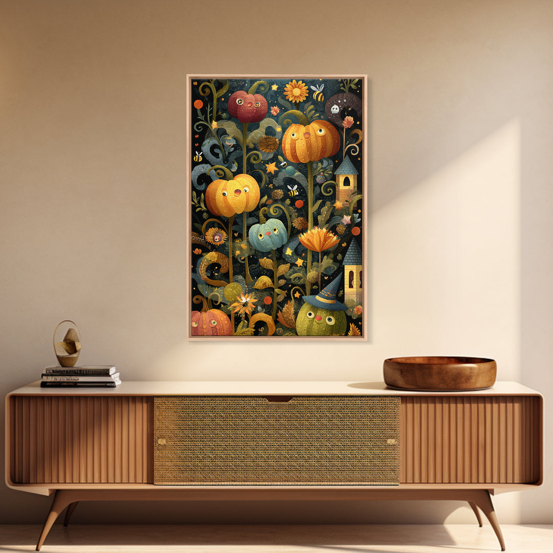 The Pumpkin Flower Garden, Folk Halloween Art, Vertical Wall Art, Canvas Print, Cute Halloween Wall Art