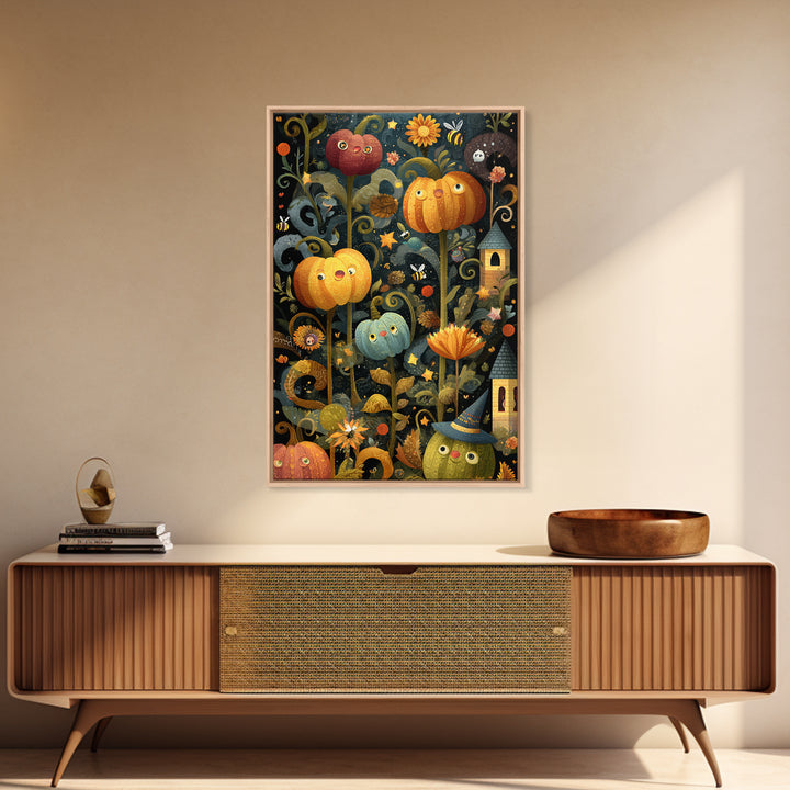 The Pumpkin Flower Garden, Folk Halloween Art, Vertical Wall Art, Canvas Print, Cute Halloween Wall Art