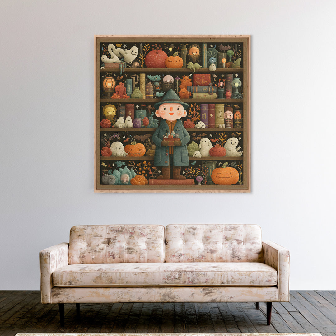 The Archivist Of Dreaming Bones, Embroidered Halloween Art, Square Wall Art, Canvas Print, Cute Halloween Wall Art