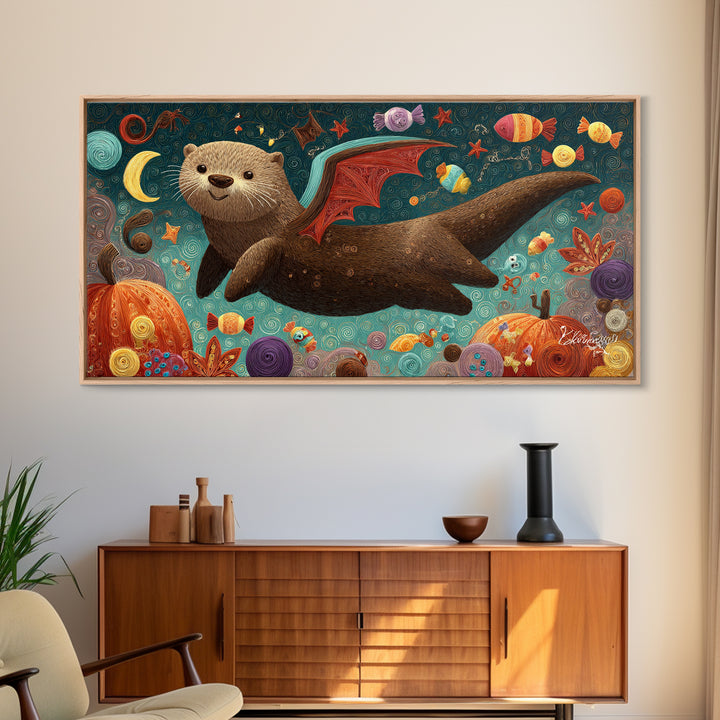 The Bat-Winged Otter, Quilled Halloween Art, Wide Panoramic Art, Framed Canvas Print, Cute Halloween Wall Art