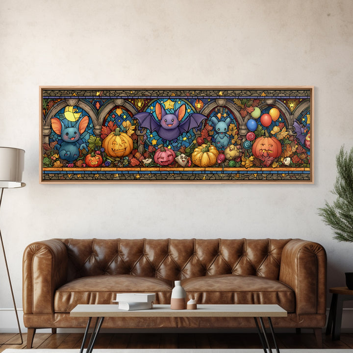 The Bat Balloon Factory, Stained Glass Halloween, Extra Wide Wall Art, Canvas Print, Cute Halloween Wall Art