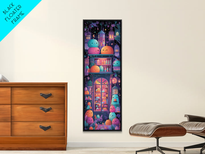 The Donut Vampire Family, Vaporwave Halloween Art, Tall Narrow Wall Art, Framed Canvas Print, Cute Halloween Wall Art