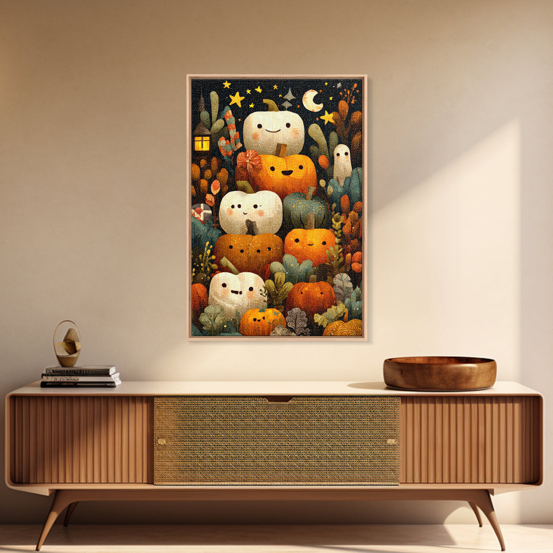 The Pumpkin Painting Party, Pixel Halloween Art, Vertical Wall Art, Canvas Print, Cute Halloween Wall Art