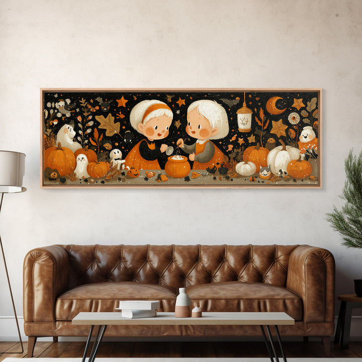 The Pumpkin Potion Twins, Gouache Halloween Art, Extra Wide Wall Art, Canvas Print, Cute Halloween Wall Art
