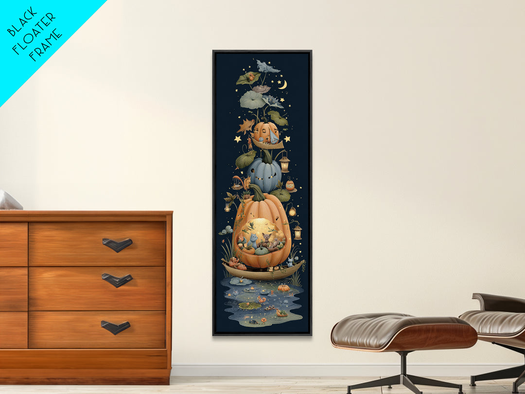 The Pumpkin Sailboat, Crayon Halloween Art, Tall Narrow Wall Art, Framed Canvas Print, Cute Halloween Wall Art
