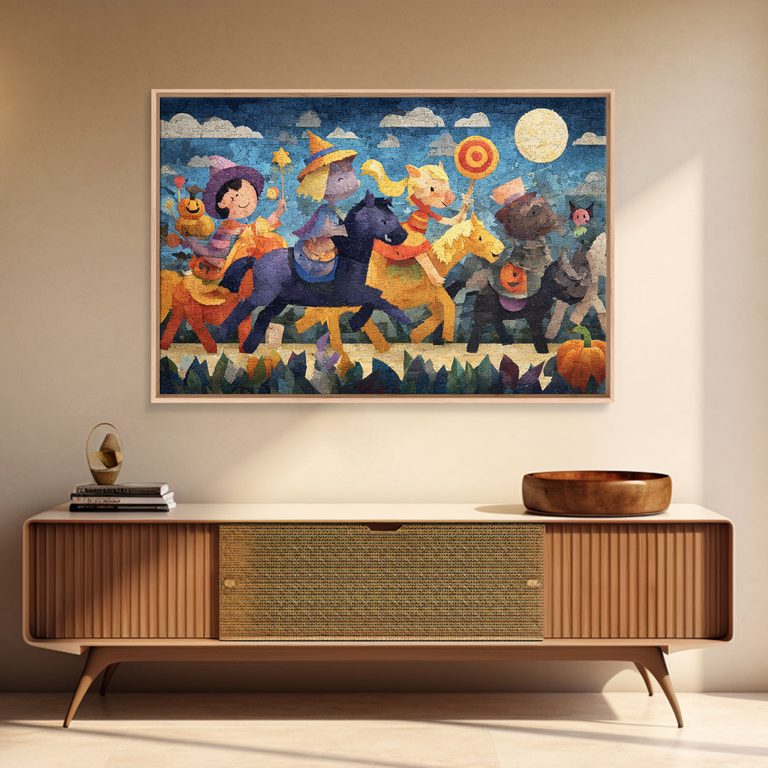 The Halloween Pet Parade, Paper Collage Halloween, Landscape Wall Art, Framed Canvas Print, Cute Halloween Wall Art