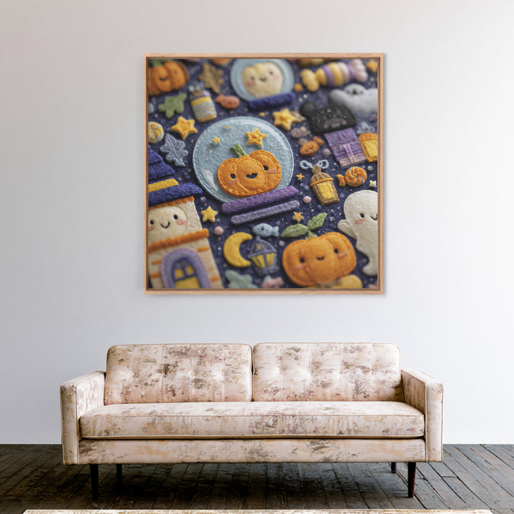 The Halloween Bubble Village, Felt Halloween Art, Square Wall Art, Canvas Print, Cute Halloween Wall Art