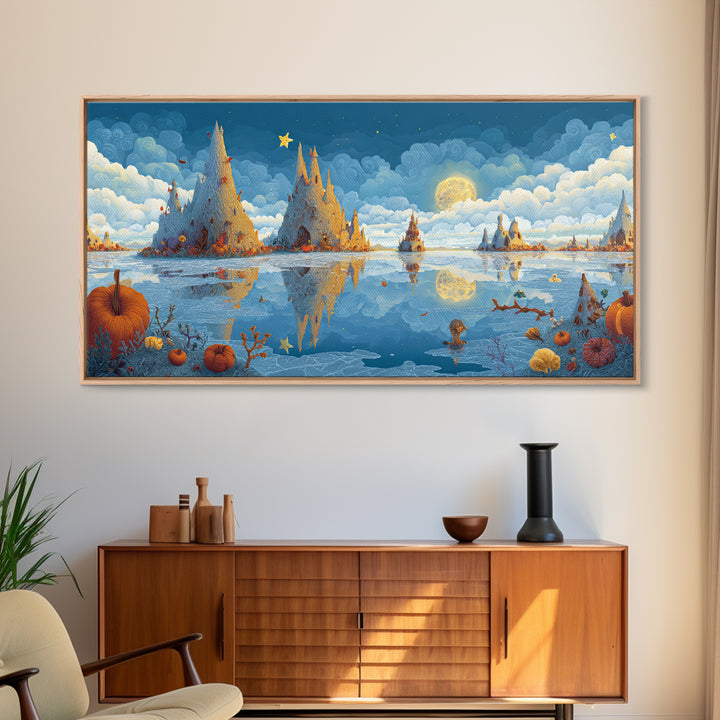 The Frost Beyond Carcosa, Clay Halloween Art, Wide Panoramic Art, Framed Canvas Print, Cute Halloween Wall Art
