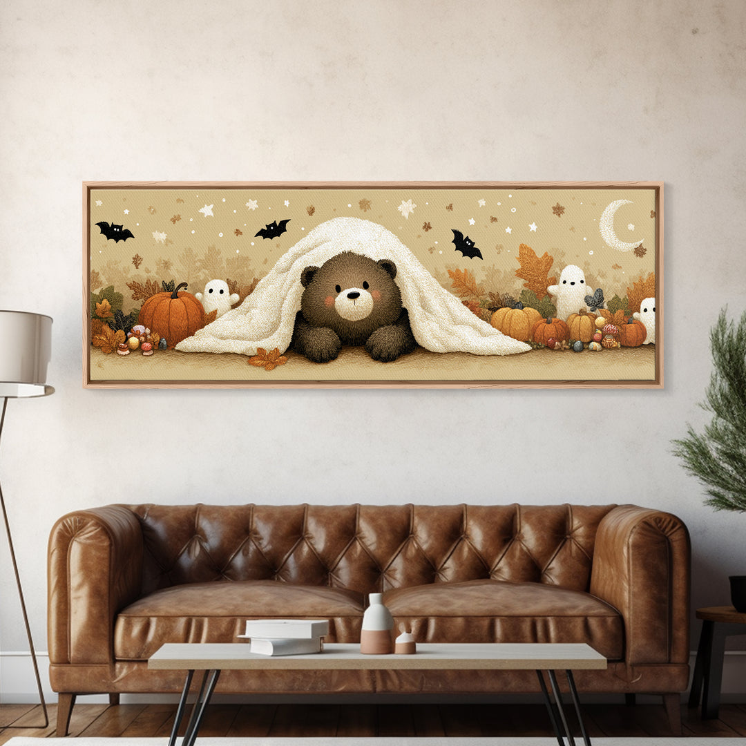 The Bear Cub Ghost, Plush Halloween Art, Extra Wide Wall Art, Canvas Print, Cute Halloween Wall Art, Cozy Autumn Kids Decor