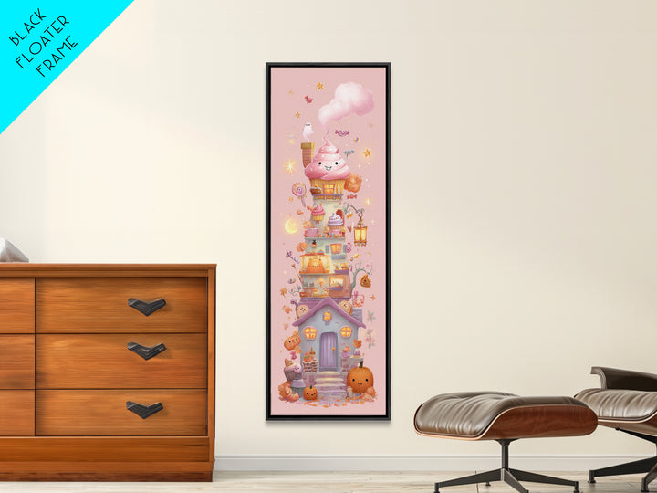 The Witch'S Cupcake Cottage, Kawaii Halloween Art, Tall Narrow Wall Art, Framed Canvas Print, Cute Halloween Wall Art