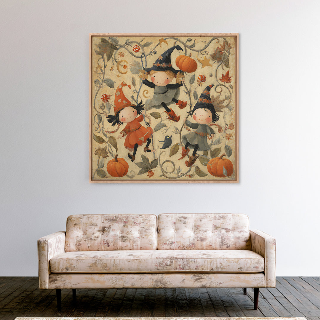 The Pumpkin Vine Swing, Folk Halloween Art, Square Wall Art, Canvas Print, Cute Halloween Wall Art, Halloween Kids Decor