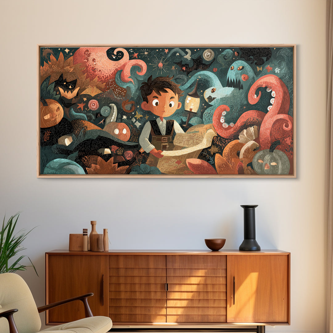 The Mapmaker Of Impossible Shores, Linocut Halloween Art, Wide Panoramic Art, Framed Canvas Print, Cute Halloween Wall Art