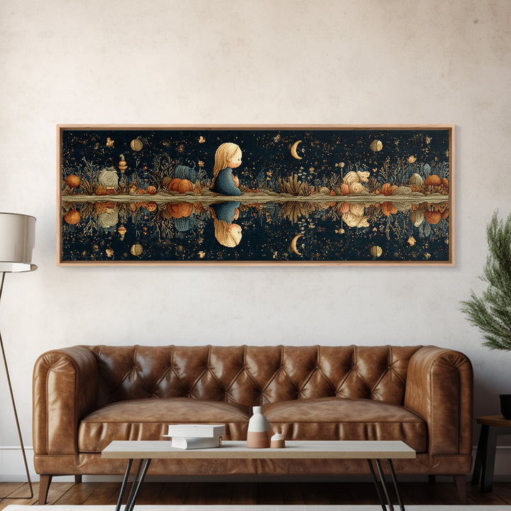 The Mirror Lake Of Lost Constellations, Embroidered Halloween Art, Extra Wide Wall Art, Canvas Print, Cute Halloween Wall Art
