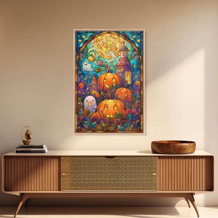 The Starry Pumpkin Farm, Stained Glass Halloween, Vertical Wall Art, Canvas Print, Cute Halloween Wall Art
