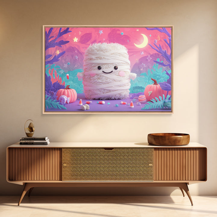 The Popcorn Mummy, Vaporwave Halloween Art, Landscape Wall Art, Framed Canvas Print, Cute Halloween Wall Art