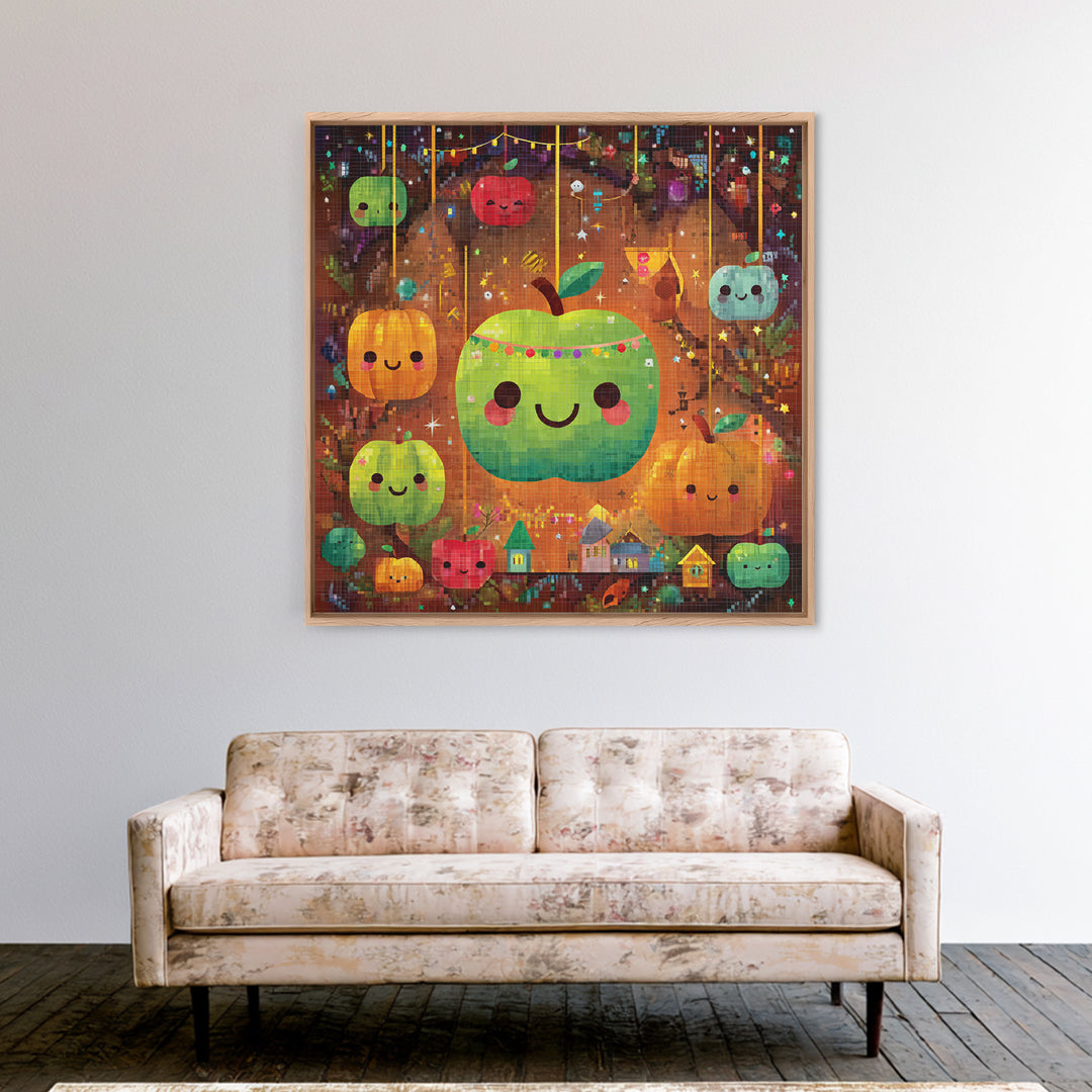 The Candy Apple Dance, Pixel Halloween Art, Square Wall Art, Canvas Print, Cute Halloween Wall Art, Halloween Kids Decor