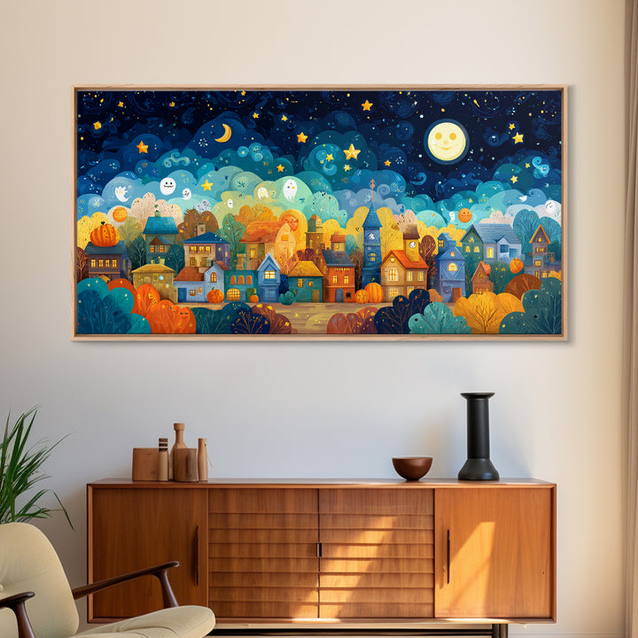 The Rainbow Halloween Night, Vector Halloween Art, Wide Panoramic Art, Framed Canvas Print, Cute Halloween Wall Art