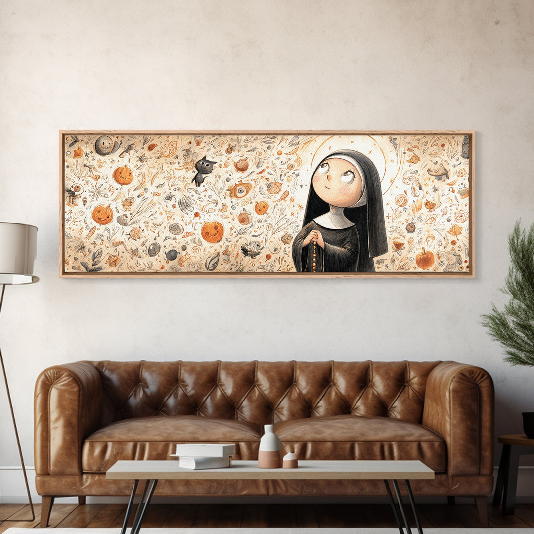 The Nun Of The Endless Constellation, Hand Sketch Halloween Art, Extra Wide Wall Art, Canvas Print, Cute Halloween Wall Art, Storybook Decor